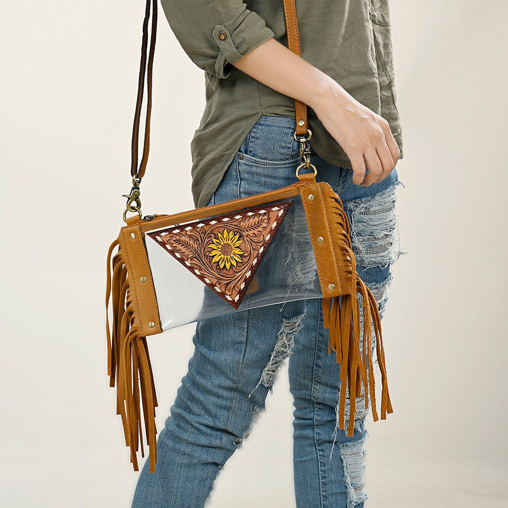ADBGF103 American Darling Western Clear Bag - Handcrafted Leather Fringed Stadium Purse