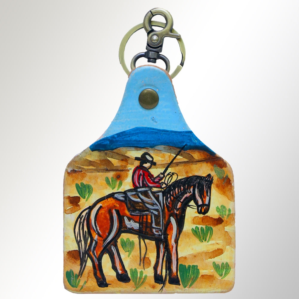 LC-ADKRM106 Hand-Painted Cowboy & Horse Leather Keyring Western Desert Scene