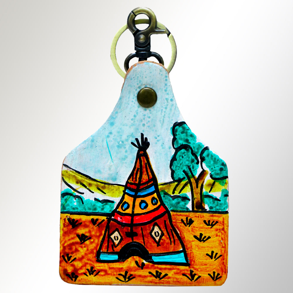ADKRM110 Hand-Painted Tipi Leather Keyring Western Tribal Landscape Art