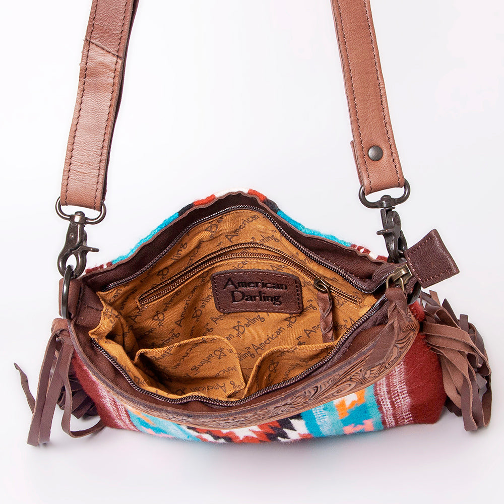 LC-ADBGZ641A Western Leather Crossbody Bag with Tooled Yoke & Turquoise Wool Pattern