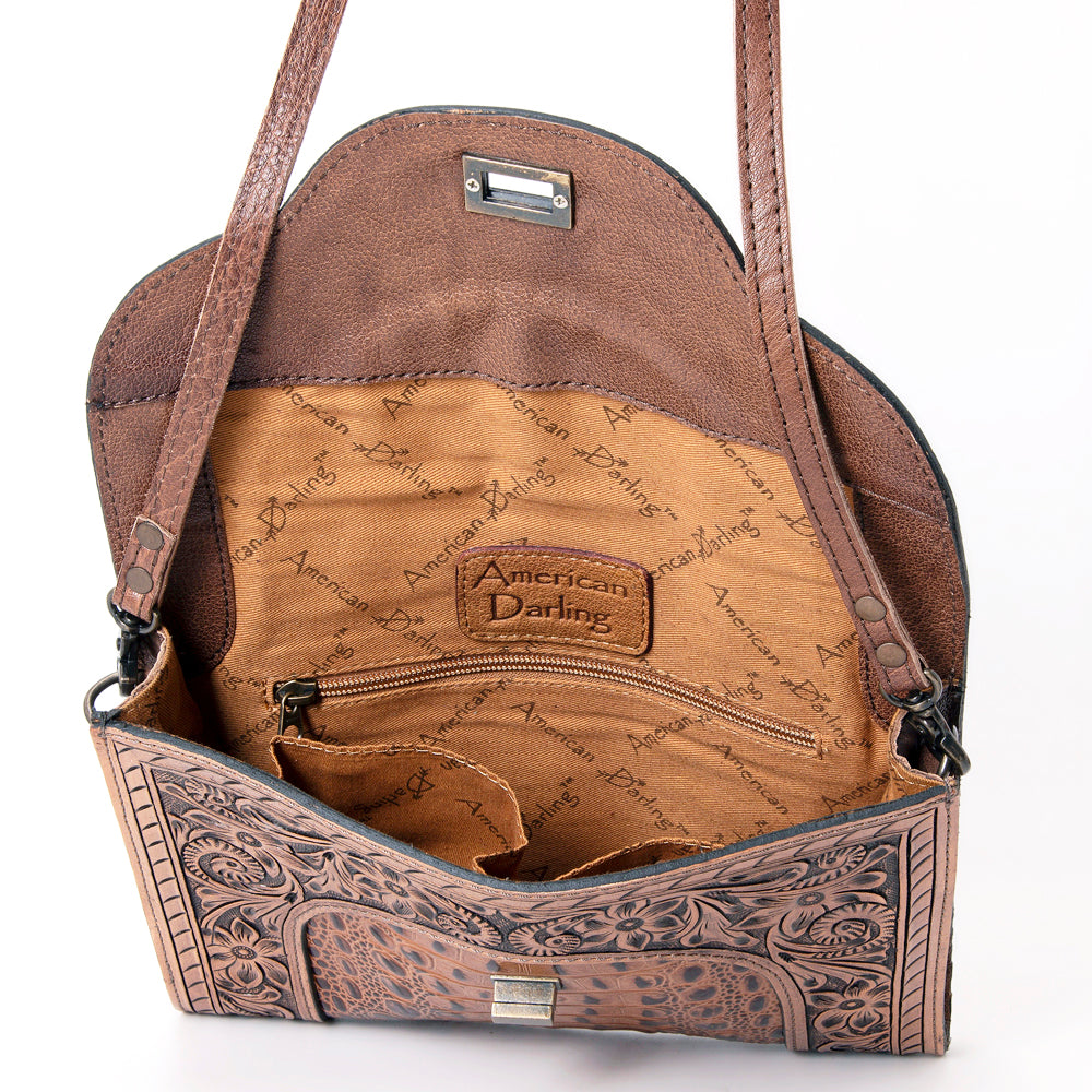 ADBG942 Hand-Tooled Croc-Embossed Leather Small Crossbody Bag with Floral Flap