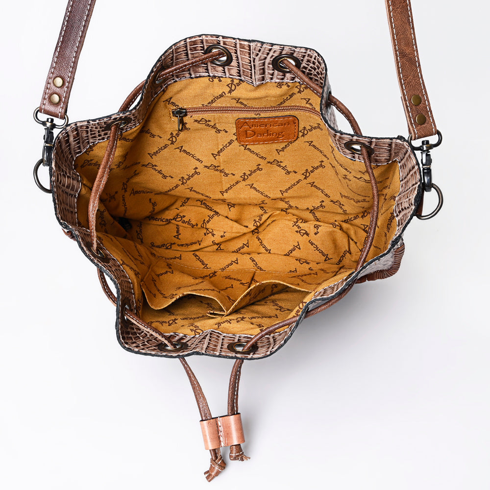ADBG975 Croc-Embossed Leather Bucket Bag with Drawstring & Whipstitch Detailing