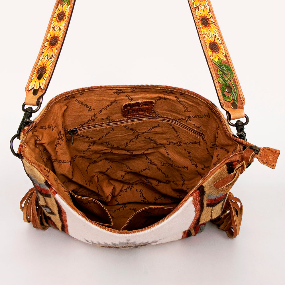 ADBG905 Southwestern Wool Blanket & Tooled Leather Strap Crossbody Bag by American Darling