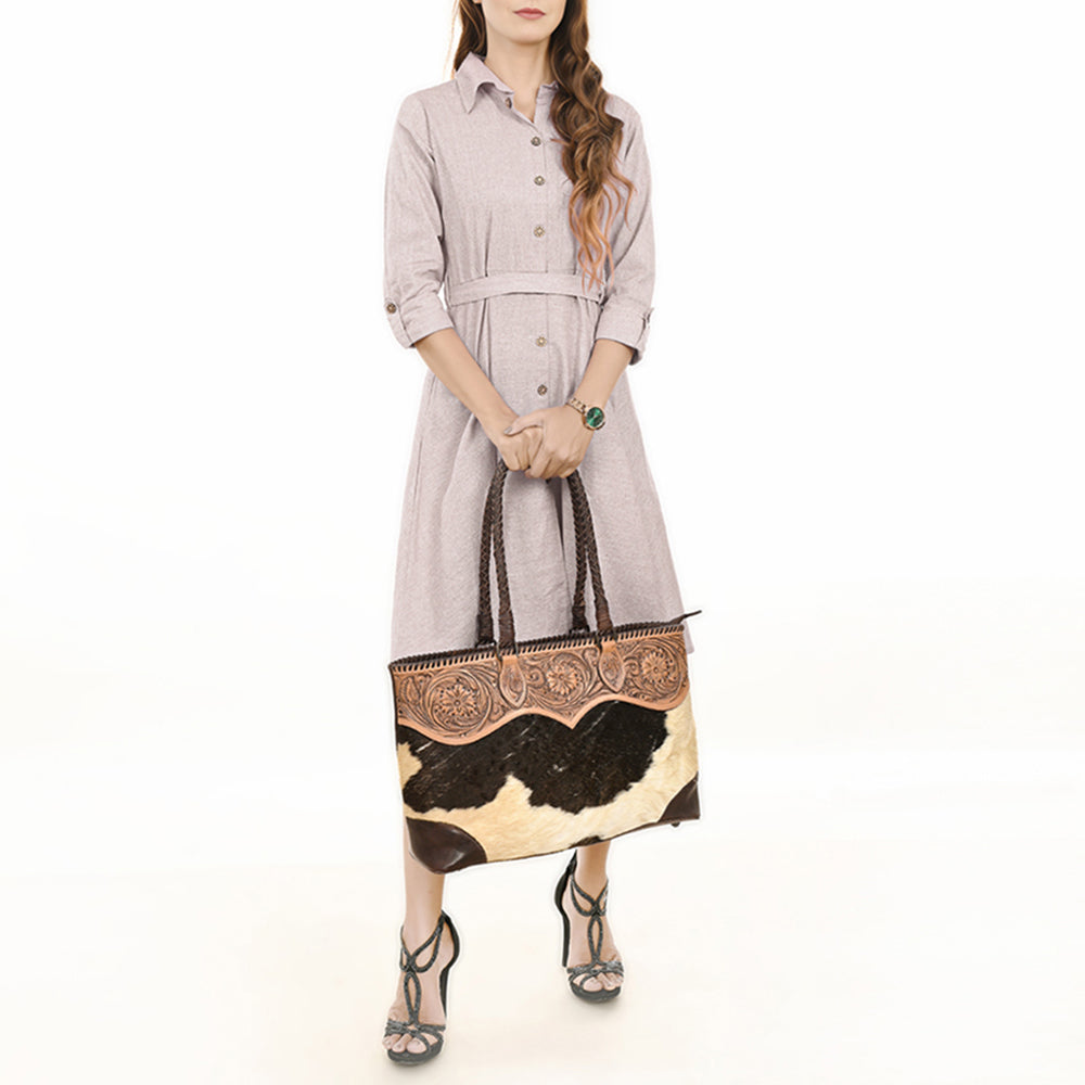 LC-ADBGZ649 Cowhide Leather Tote Bag with Hand-Tooled Floral Yoke - Western Shoulder Bag