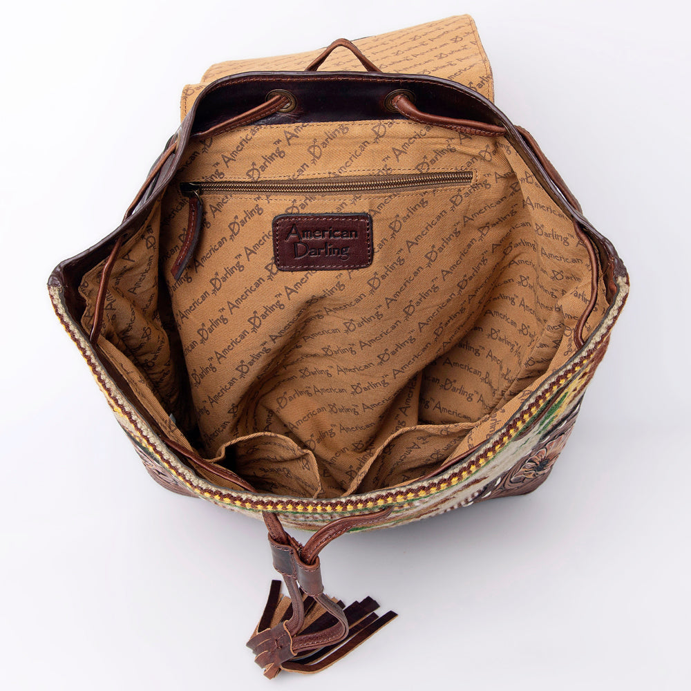 LC-ADBGZ653B Hand-Tooled Leather and Woven Aztec Backpack - Western Floral Sunflower Bag