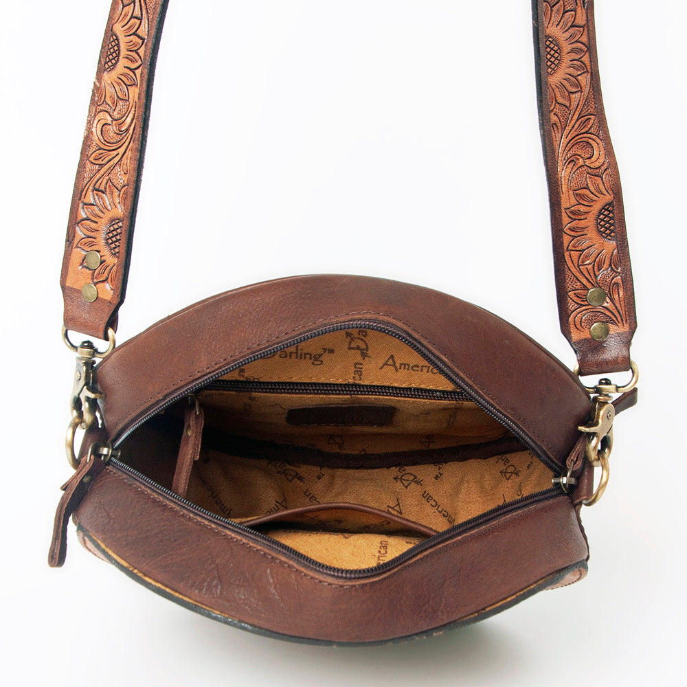 ADBGA302 American Darling Hand-Tooled Leather Round Crossbody Bag - Cactus & Floral