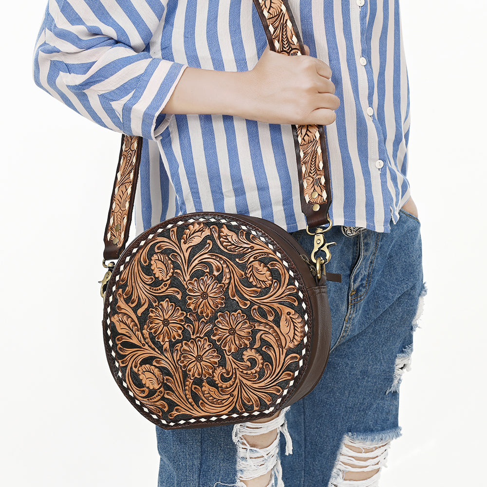 ADBGA304 American Darling Canteen Bag Hand Tooled Floral Leather Round Crossbody