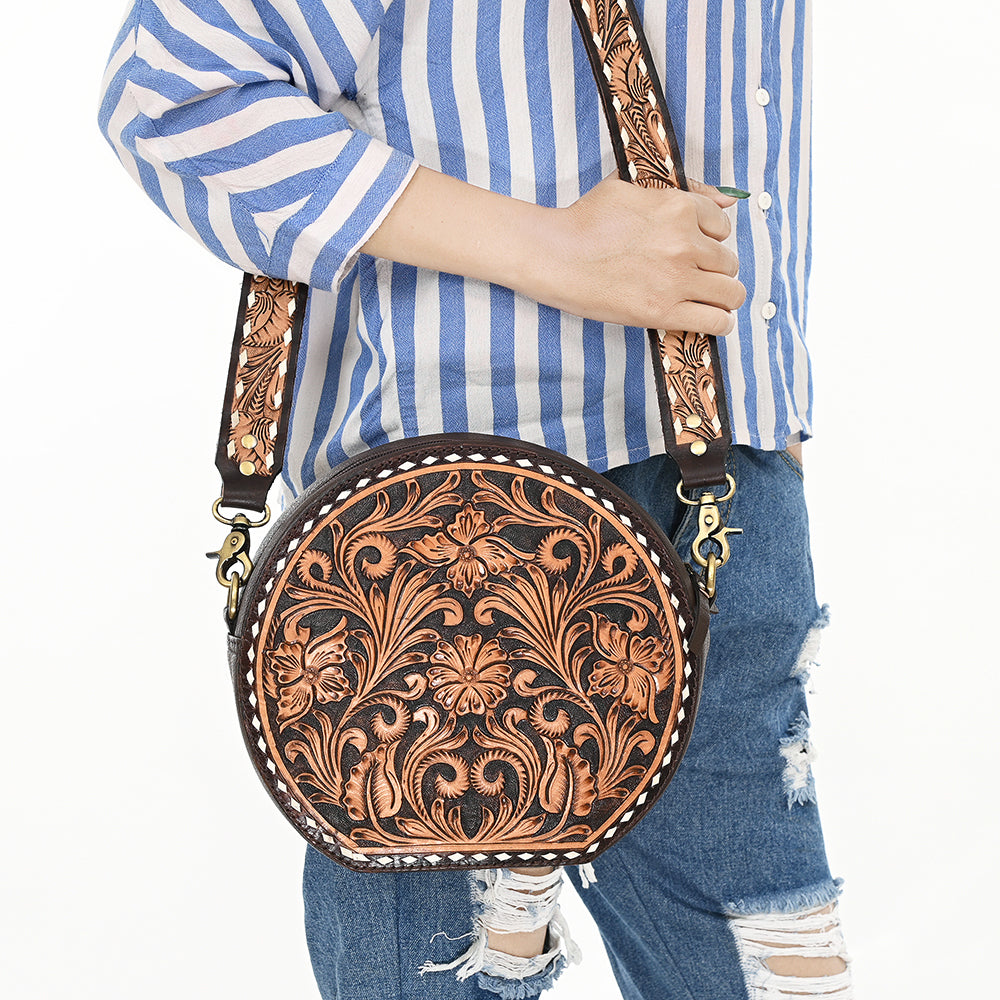 ADBGA305 American Darling Canteen Bag Full Floral Hand Tooled Round Leather Crossbody