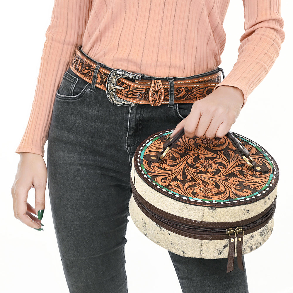 ADBGA317 American Darling Circular Hand Tooled Leather & Cowhide Jewelry Case