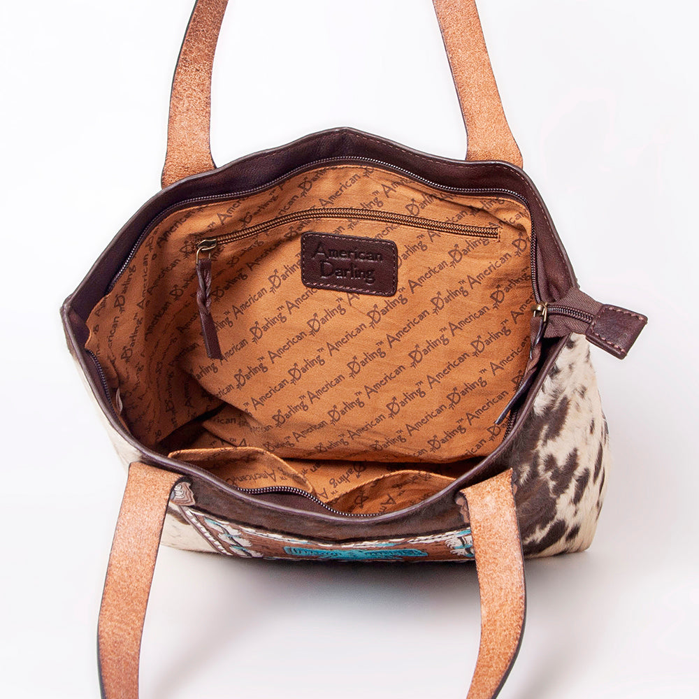 LC-ADBGZ694 Genuine Cowhide Leather Tote Bag with Hand-Tooled Floral Patch - Western Shoulder Bag