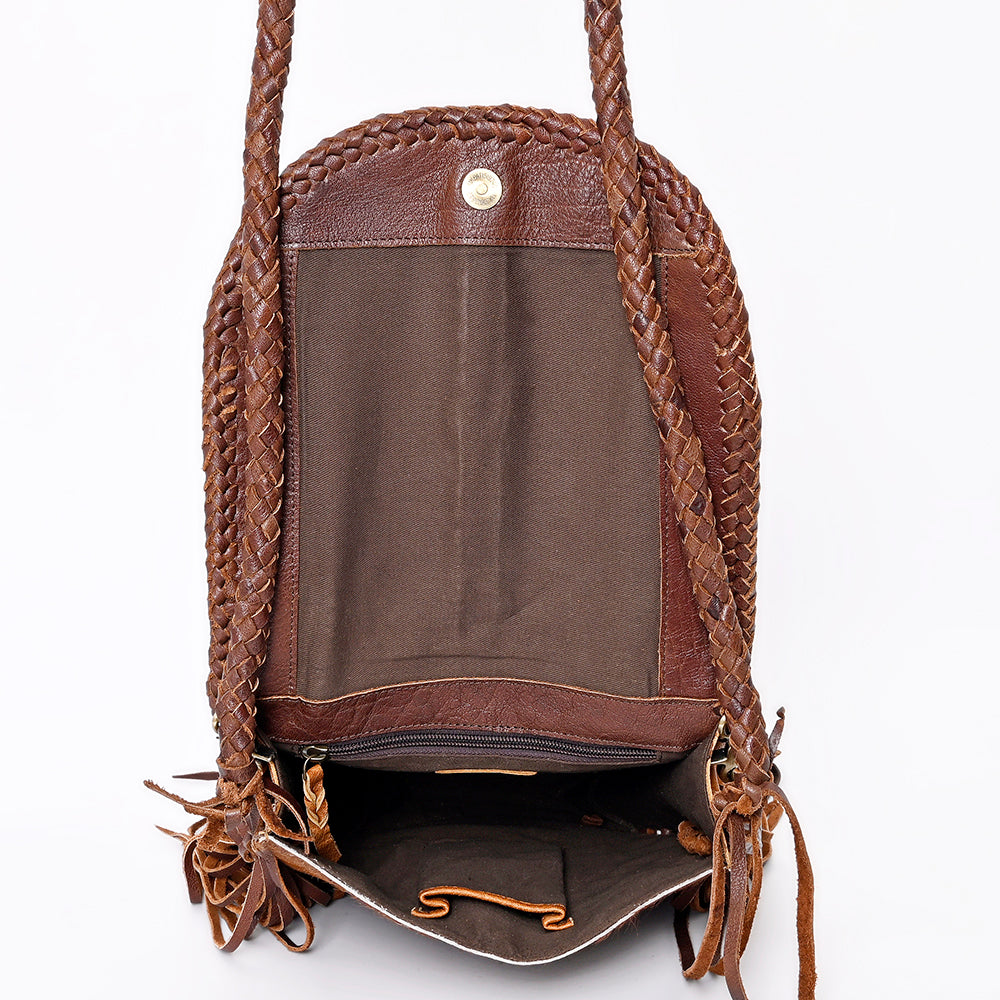 ADBGM262 Hair-On Cowhide Fringe Messenger Bag - Turquoise Concho & Braided Leather