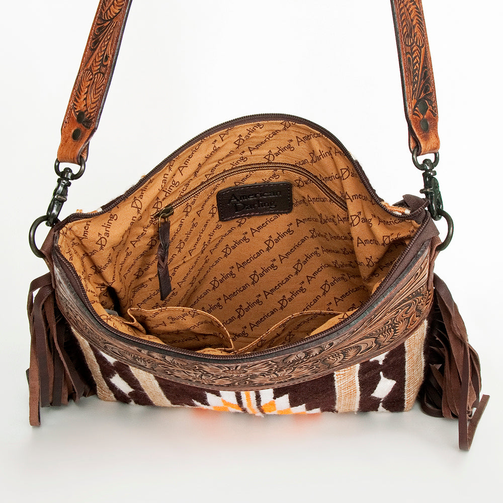 LC-ADBGZ680 Western Hand-Tooled Leather Crossbody Bag with Fringe and Aztec Wool Pattern