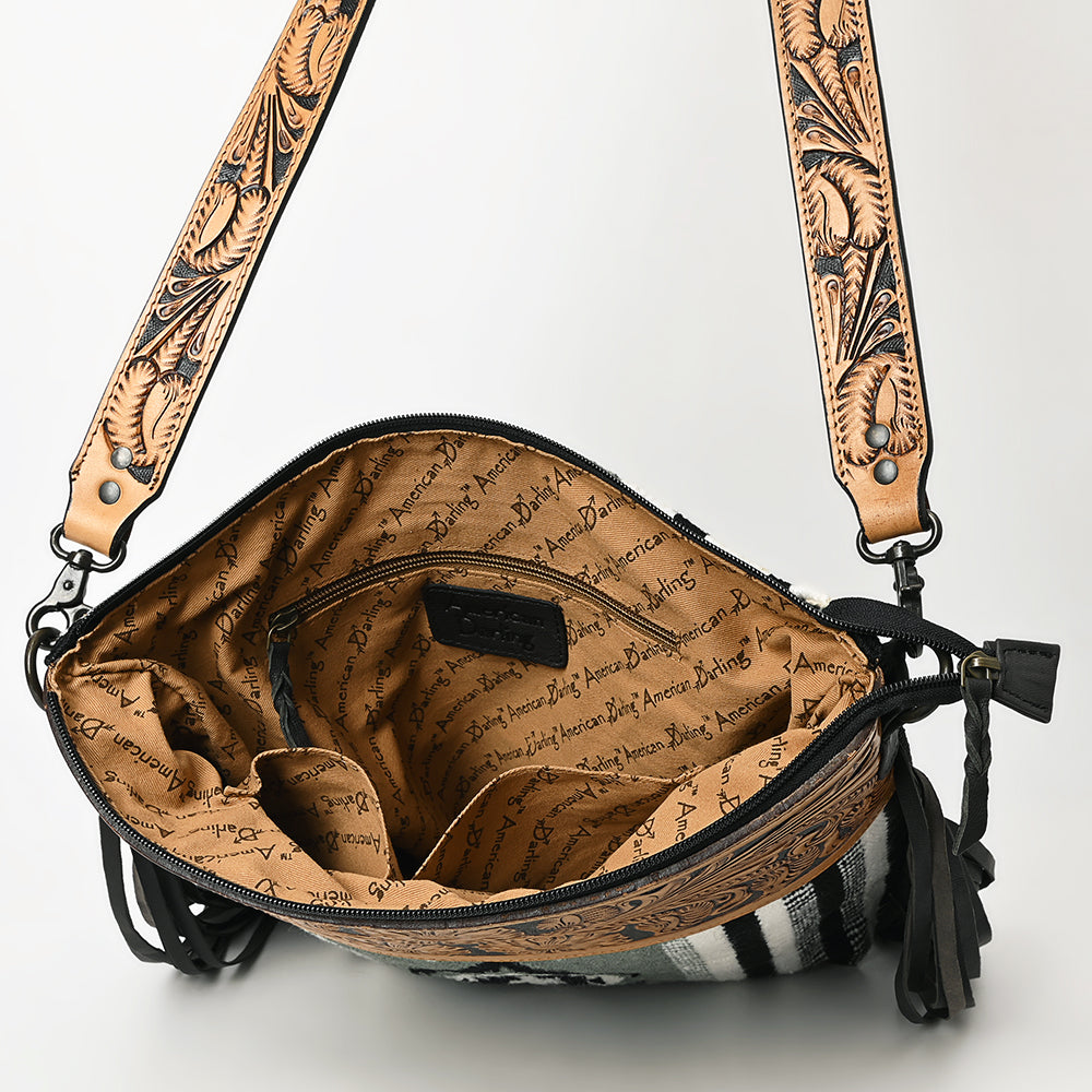 LC-ADBGZ684 Western Crossbody Bag - Hand-Tooled Leather with Black & White Aztec Wool and Fringe