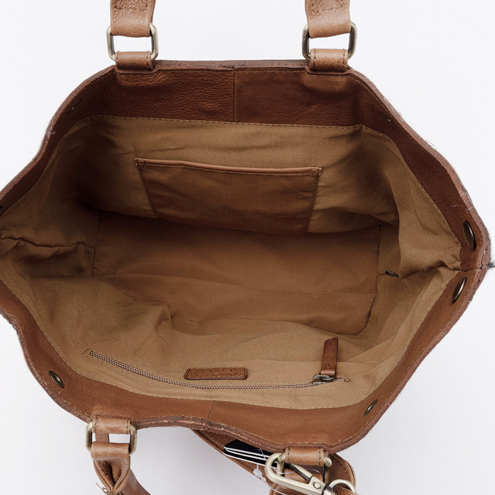 ADBGI217 Hair-On Hide Western Tote with Tooled Leather & Turquoise Concho