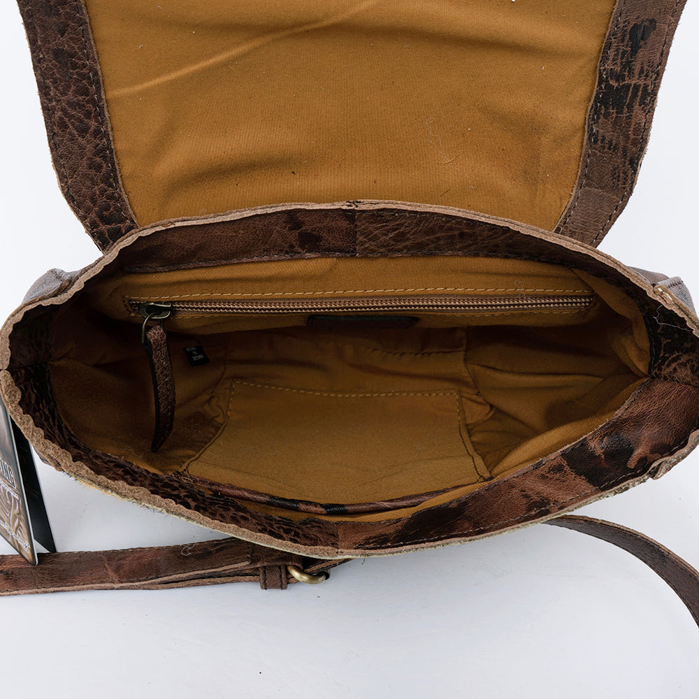 ADBGI220 Round Tooled Leather & Hair-On Crossbody Bag - Floral Flap Western Purse