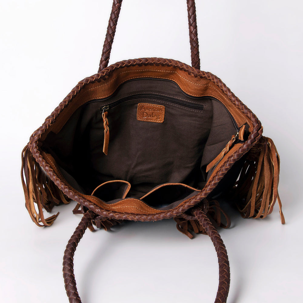LC-ADBGM276 Cowhide Western Tote - Braided Handles, Fringe & Turquoise Concho