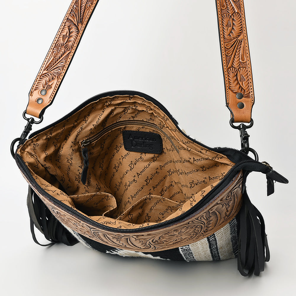 ADBGZ701 Tooled Leather Crossbody Bag with Fringe & Wool Saddle Blanket - Western Style Purse