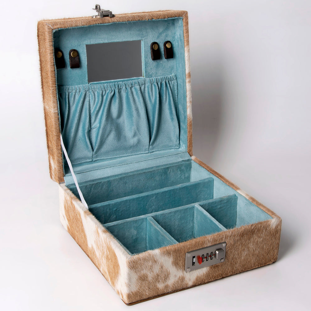 LC-ADBGA325 Hair-On Cowhide Western Lockable Jewelry & Storage Case Brown & White
