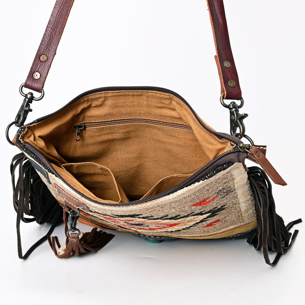 ADBG1054 American Darling Handcrafted Leather Crossbody Bag Saddle blanket Colorful Design & Fringes Western Handbag