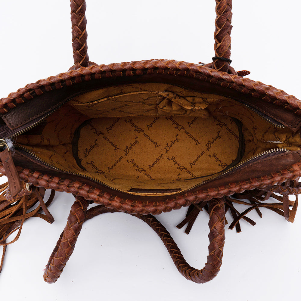 ADBGD146 American Darling Western Leather Tote Bag - Basket Weave Fringed Handcrafted Purse