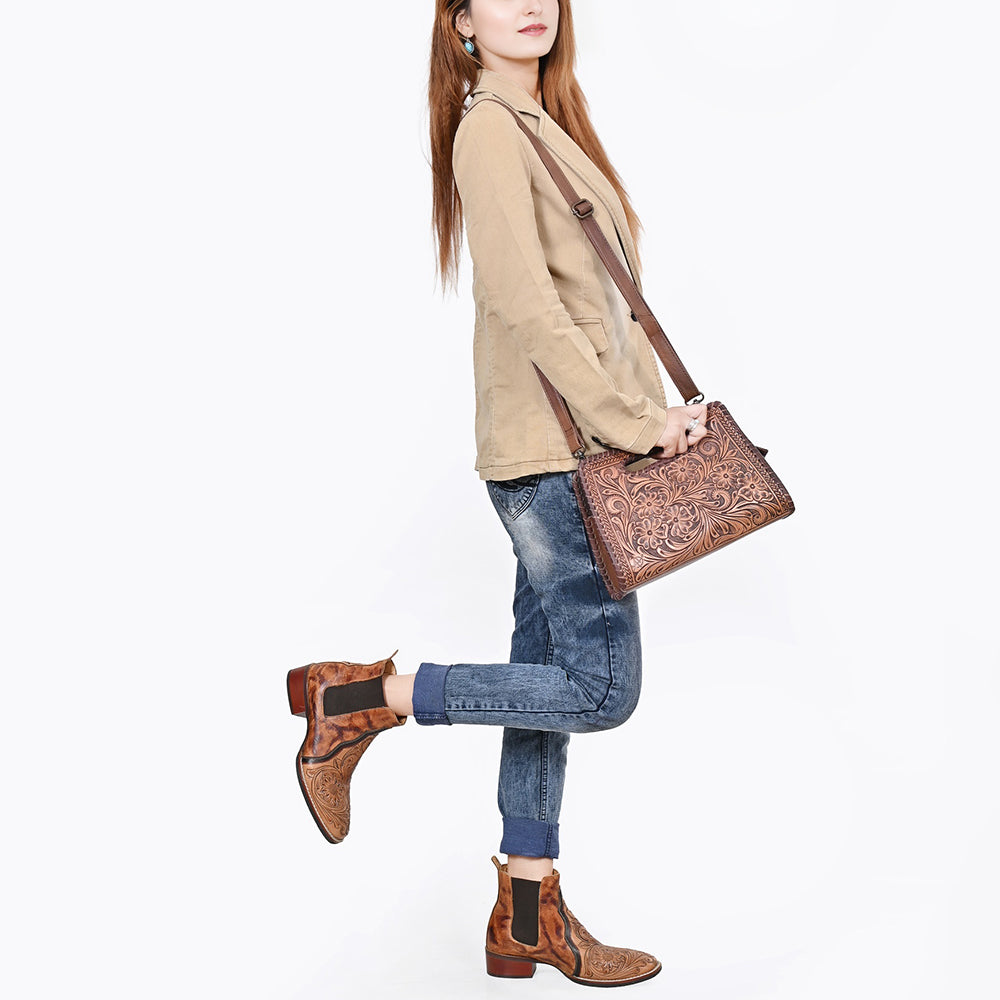 ADBG1060 American Darling Hand-Tooled Floral Leather Clutch Bag - Western Style Genuine Leather Crossbody