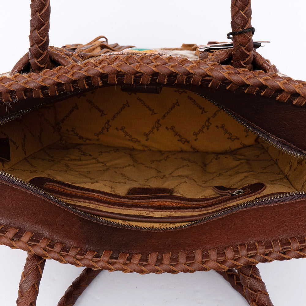 ADBGD128 American Darling Hair-On Cowhide Tote Bag with Turquoise Stone & Fringes