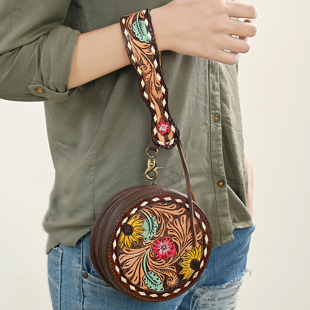 ADBGF135 Round Tooled Leather Canteen Bag - Floral Western Design