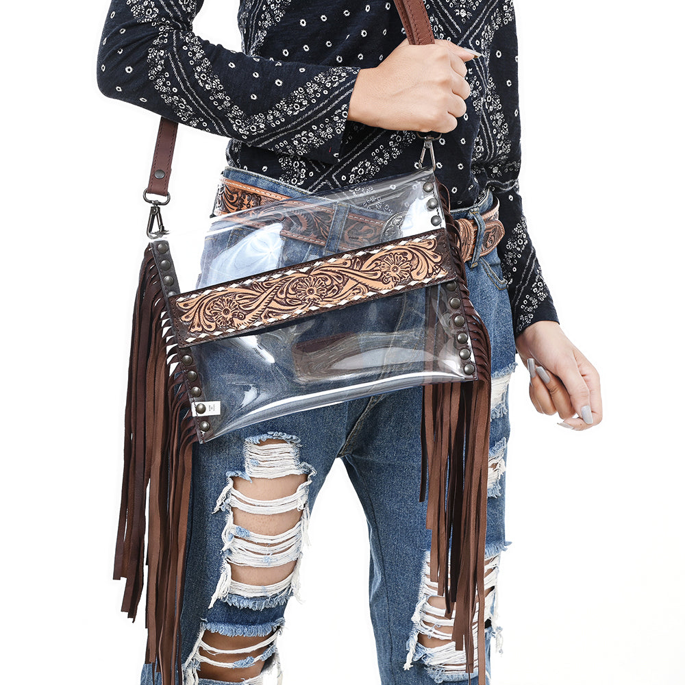 ADBGZ718 Western Clear Fringe Crossbody Bag with Tooled Leather Accent - Stadium Approved