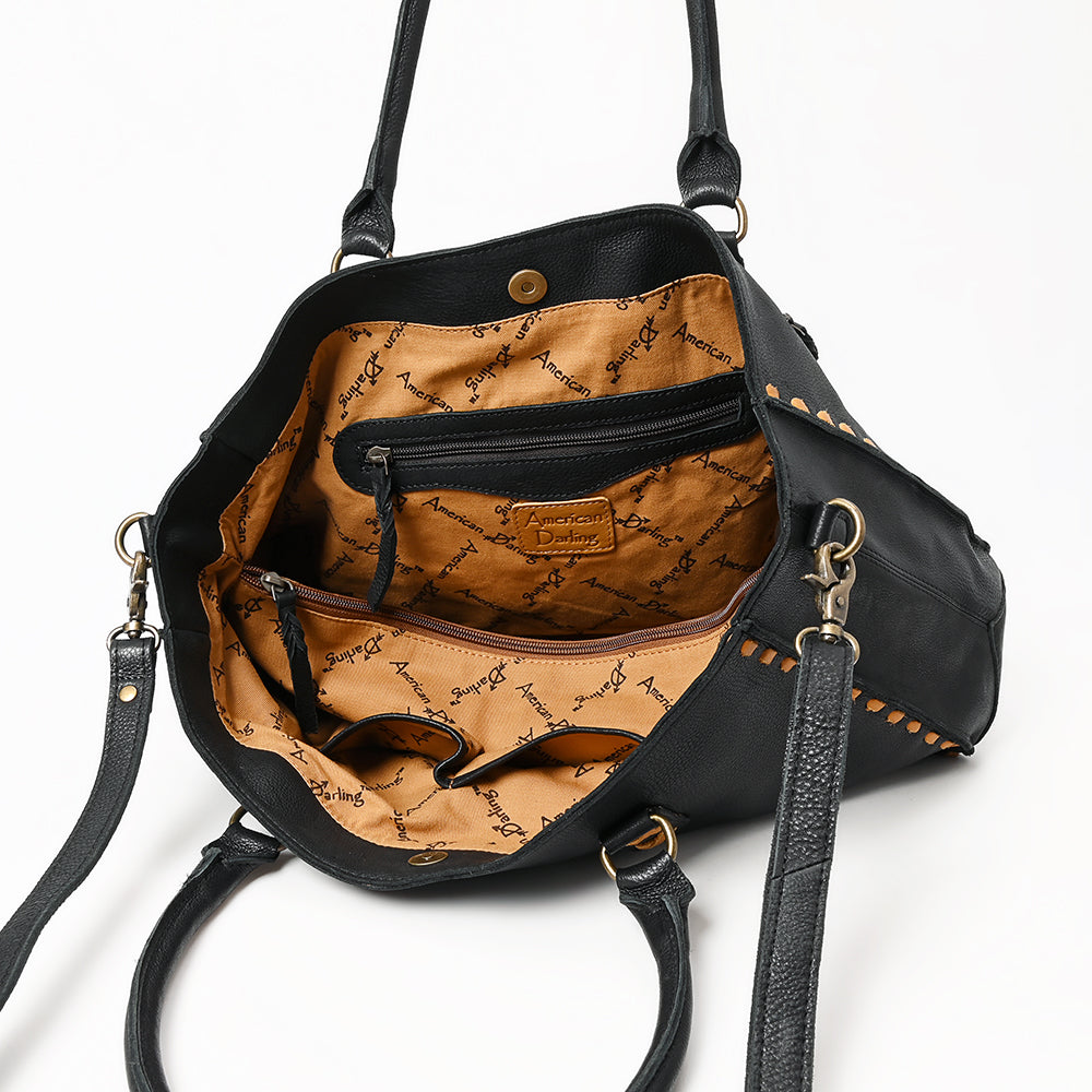 ADBGM127C Black Leather Tote Bag - Western Stitch Accent Handbag with Crossbody Strap