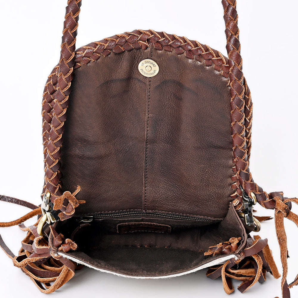 ADBGM338 Spotted Cowhide Fringe Crossbody Bag with Turquoise Concho - Small Western Braided Flap Purse