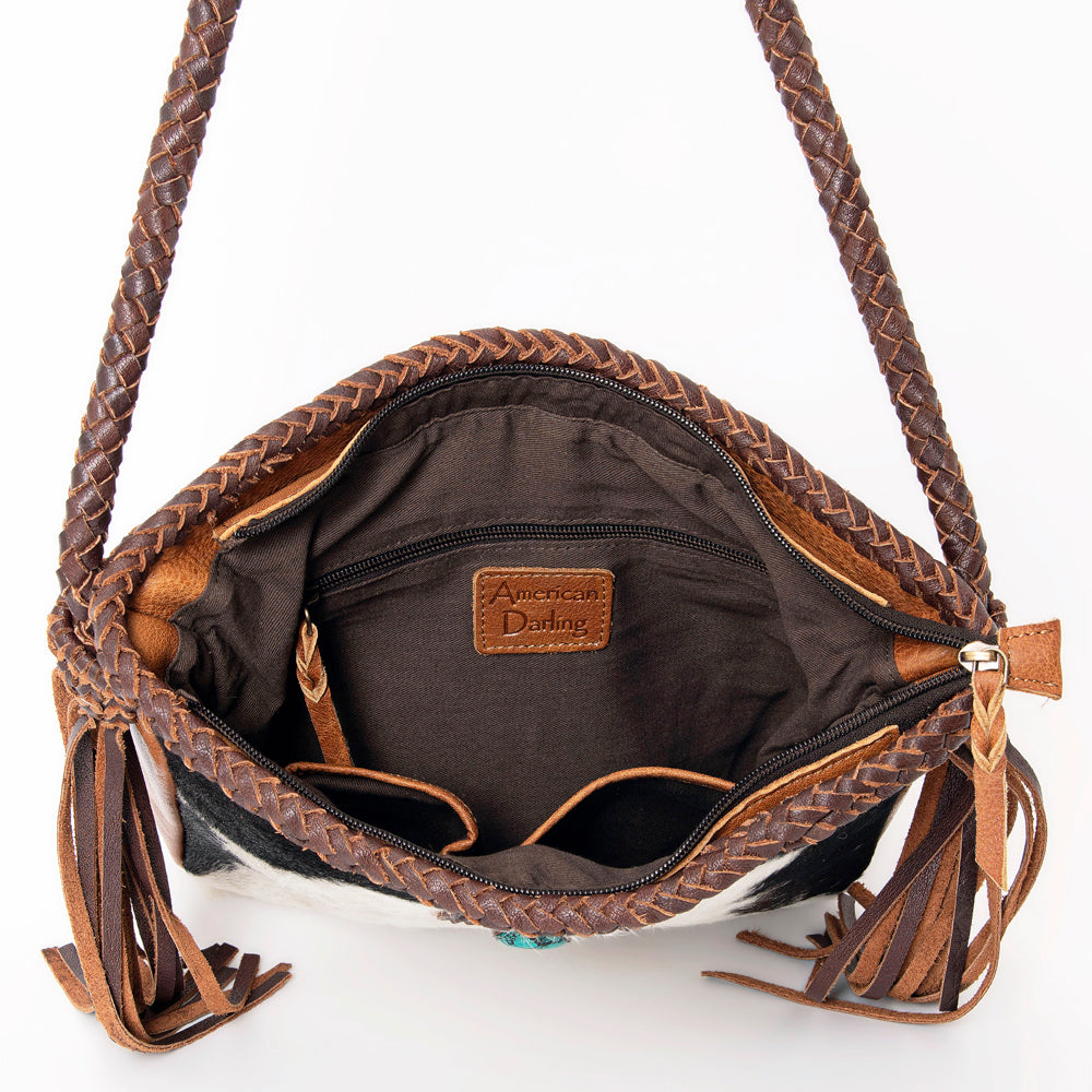 LC-ADBGM318 Cowhide Leather Tote with Turquoise Concho and Fringe - Western Braided Strap Bag