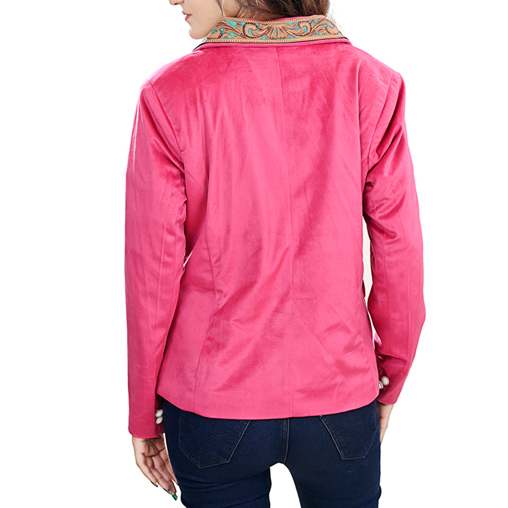 LC-ADBZ703 Hot Pink Cowgirl Blazer with Turquoise Tooled Leather Lapel - Western Statement Jacket