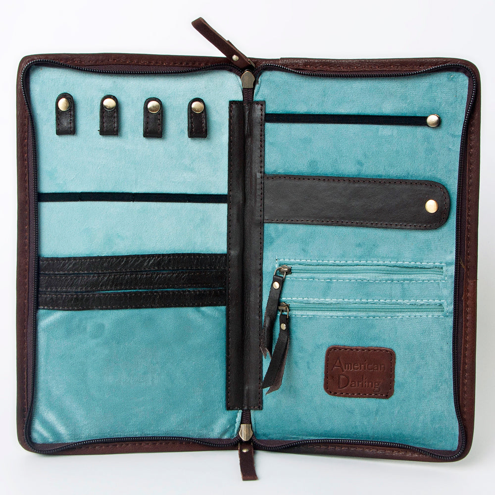 ADBGA323 Hair-On Cowhide & Tooled Leather Western Zip Jewelry Case Floral Edge Design