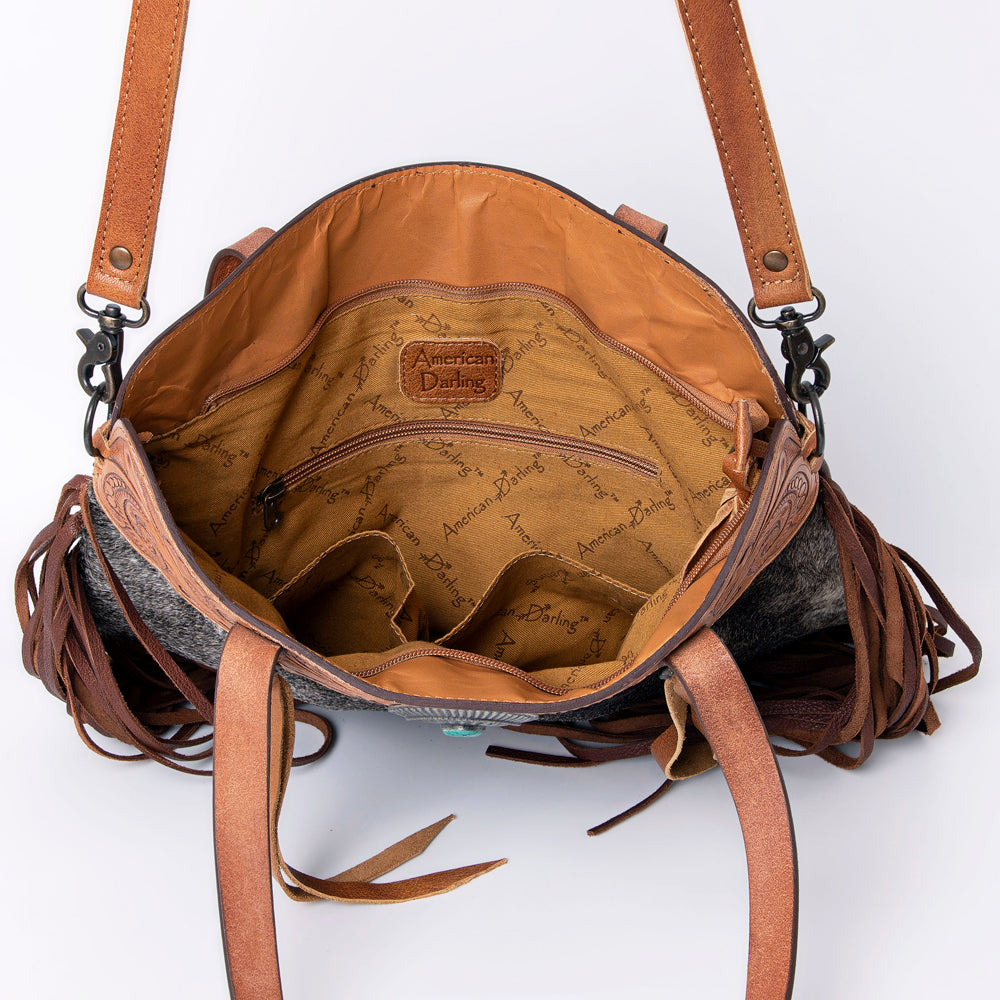 ADBG937 American Darling Western Leather Tote Bag with Hair-On Cowhide and Hand Tooled Floral