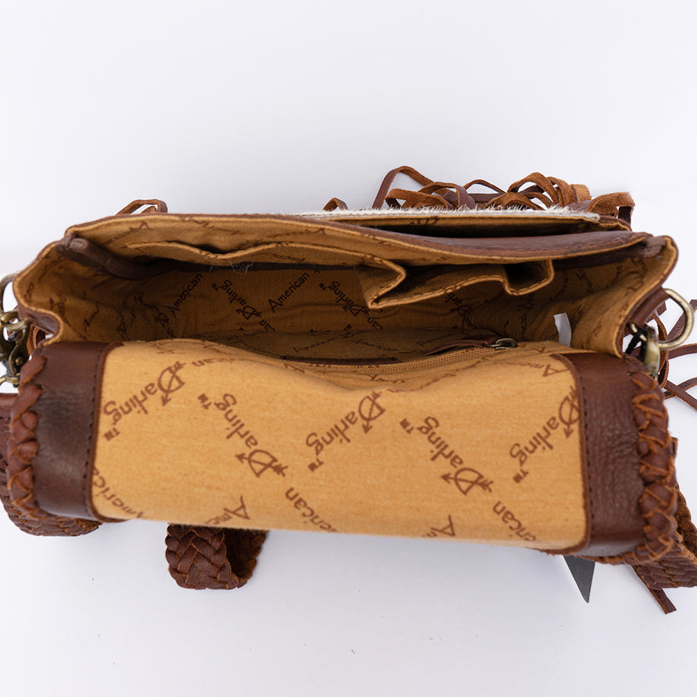 ADBGD129 Cowhide Crossbody Bag with Fringe & Braided Leather Strap - Western Style
