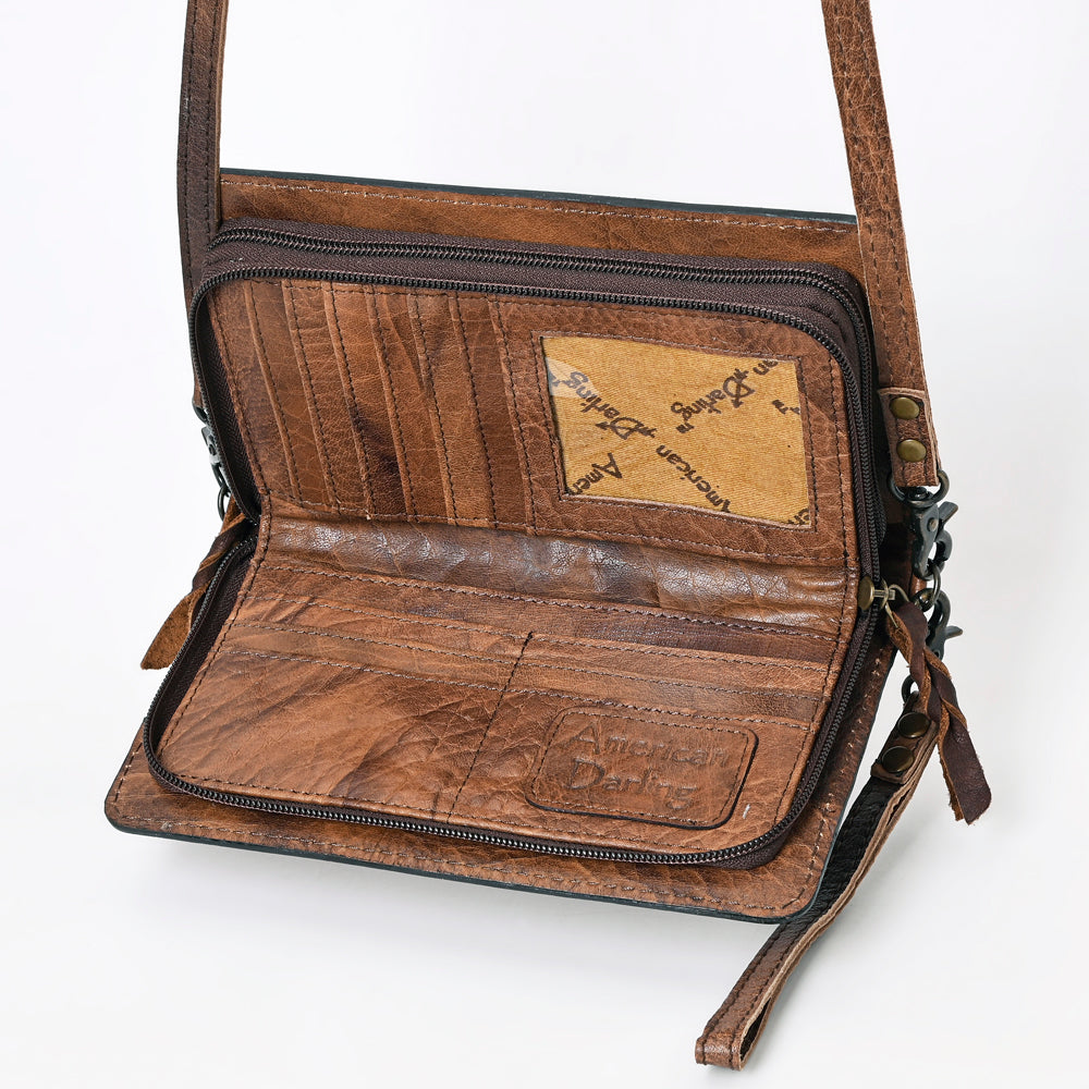 ADBG1080 American Darling Hand-Tooled Leather Organizer Crossbody Bag with Floral Inlay