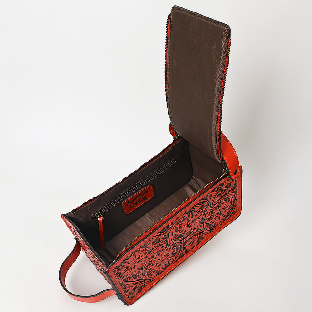 LC-ADBGZ733D Red Hand Tooled Leather Toiletry Bag - Western Floral Toiletry or Travel Case