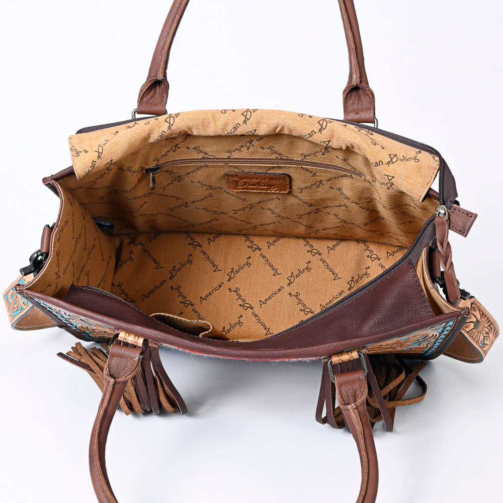 ADBG230 American Darling Hand Tooled Floral Western Leather Woven Saddle Blanket Tote Bag