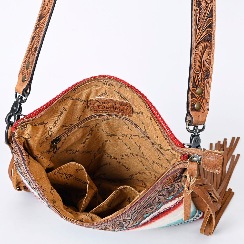 ADBGS192 Wool Large Crossbody Bag with Tooled Leather Yoke, Fringe & Western Strap - Boho Western Purse