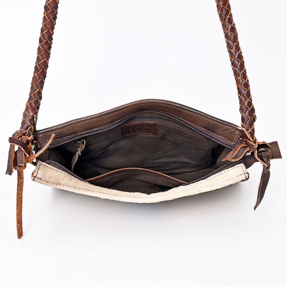 ADBGM335 Hair-On Cowhide Crossbody Bag with Turquoise Concho & Braided Strap - Western Handmade Purse