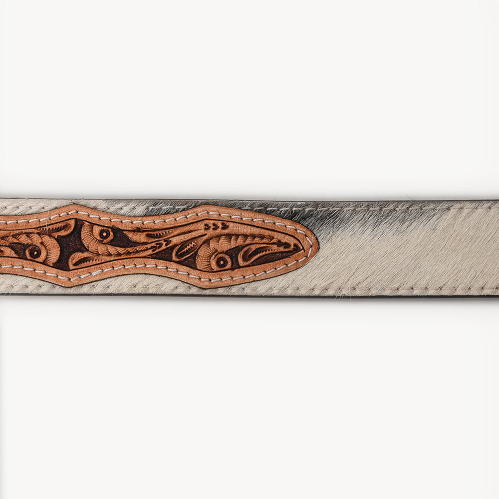 ADBLF202 White Hair-On Cowhide Belt with Floral Tooled Leather Inlays and Western Buckle