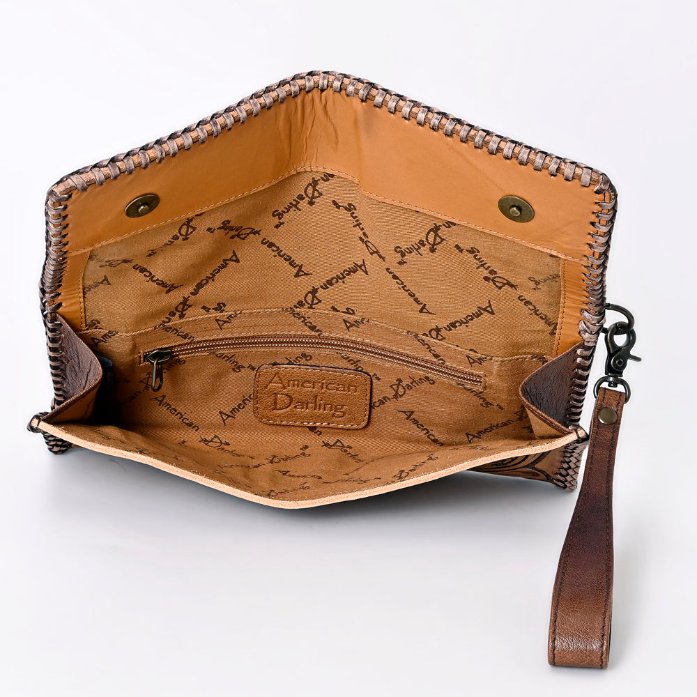 ADBG1105 American Darling Western Hand-Tooled Leather Wristlet Handbag Premium Floral Carved Women Purse