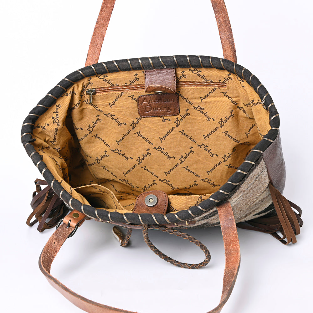 ADBG1113 American Darling Hand-Woven Saddle Blanket Western Tote Bag - Genuine Leather Fringe Purse