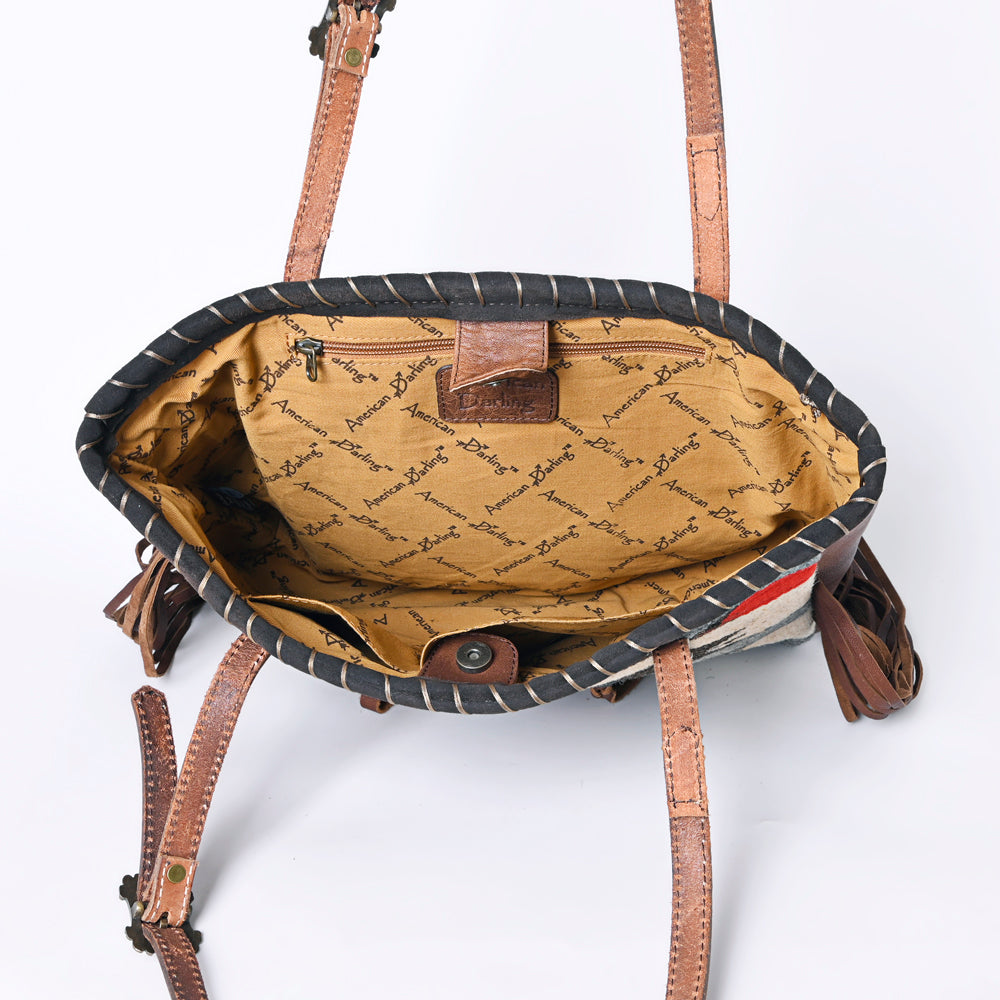 ADBG1115 American Darling Western Leather Tote Bag with Fringe & Handwoven Saddle Blanket Panel