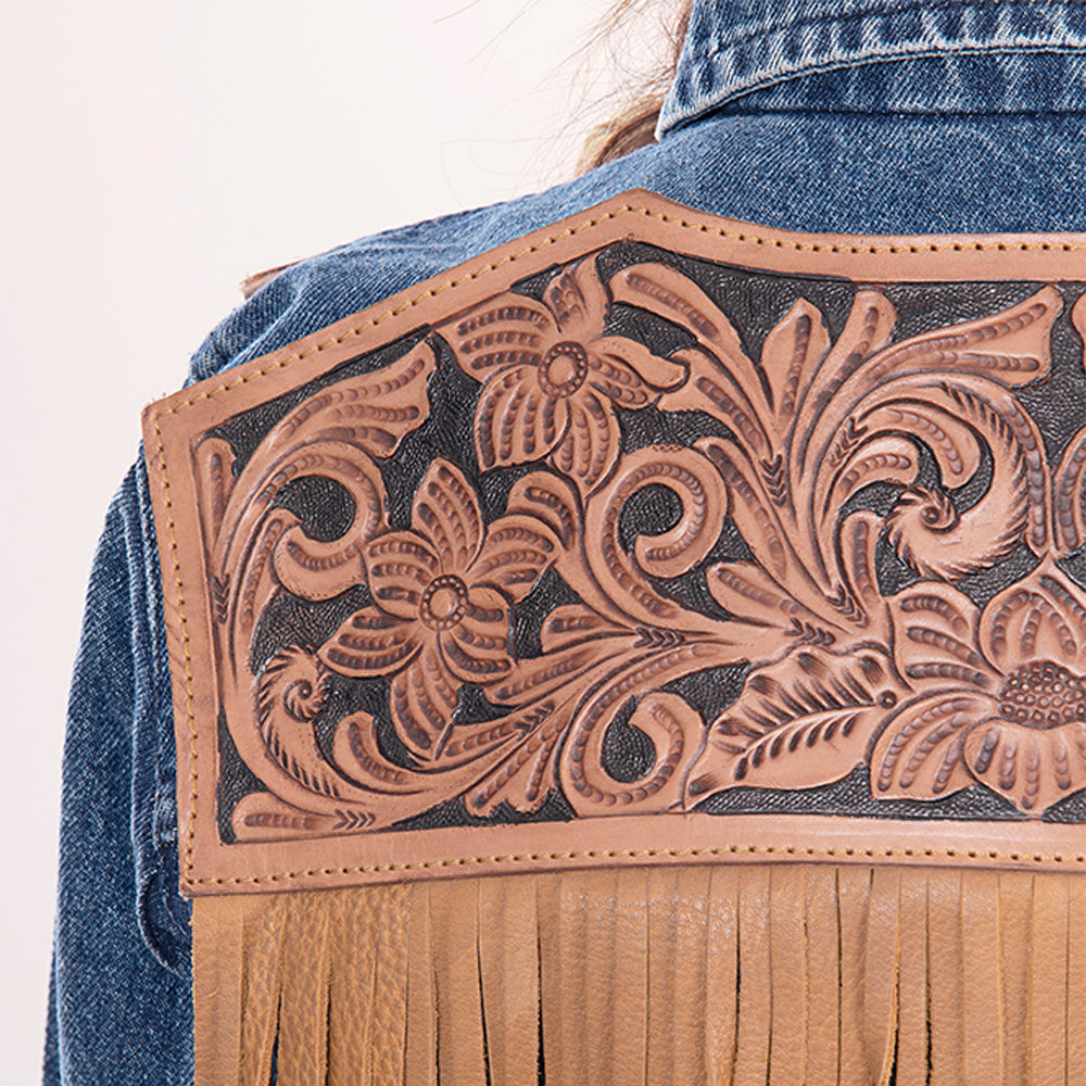LC-ADJKT008 Classic Western Denim Jacket with Floral Tooled Leather Yoke & Tan Fringe