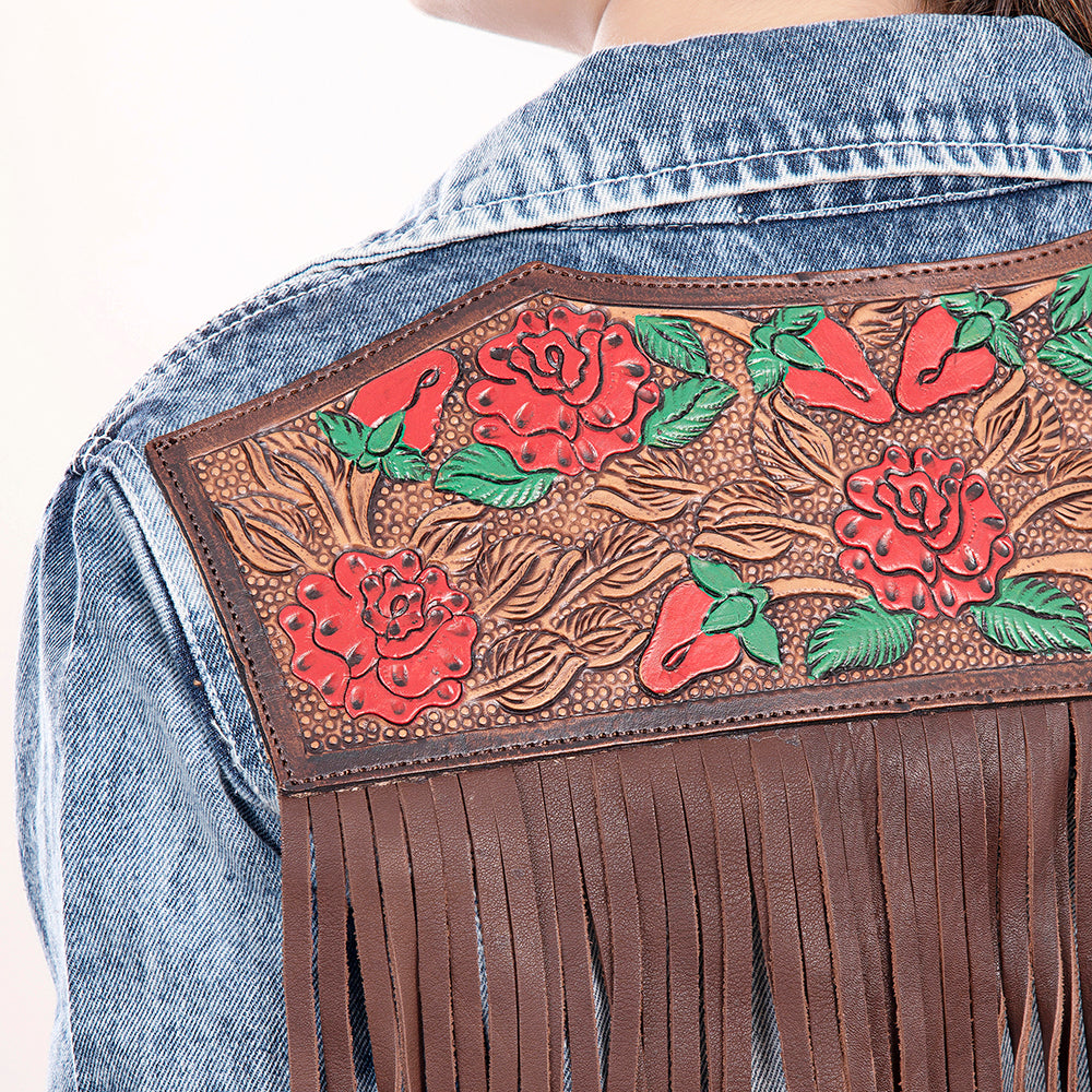 LC-ADJKT010 Acid Wash Denim Jacket with Tooled Leather Rose Yoke & Fringe - Western Cowgirl Style