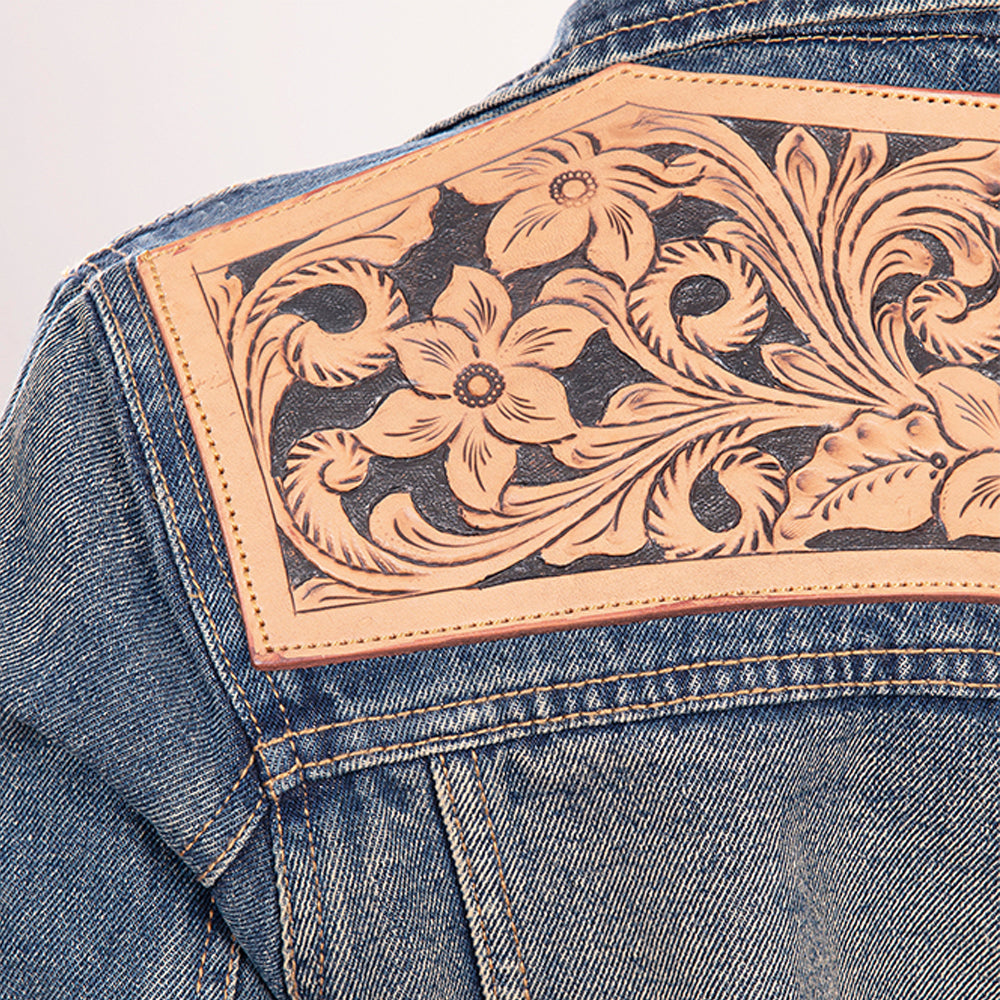 LC-ADJKT011 Western Denim Jacket with Hand-Tooled Tan Leather Yoke - No Fringe