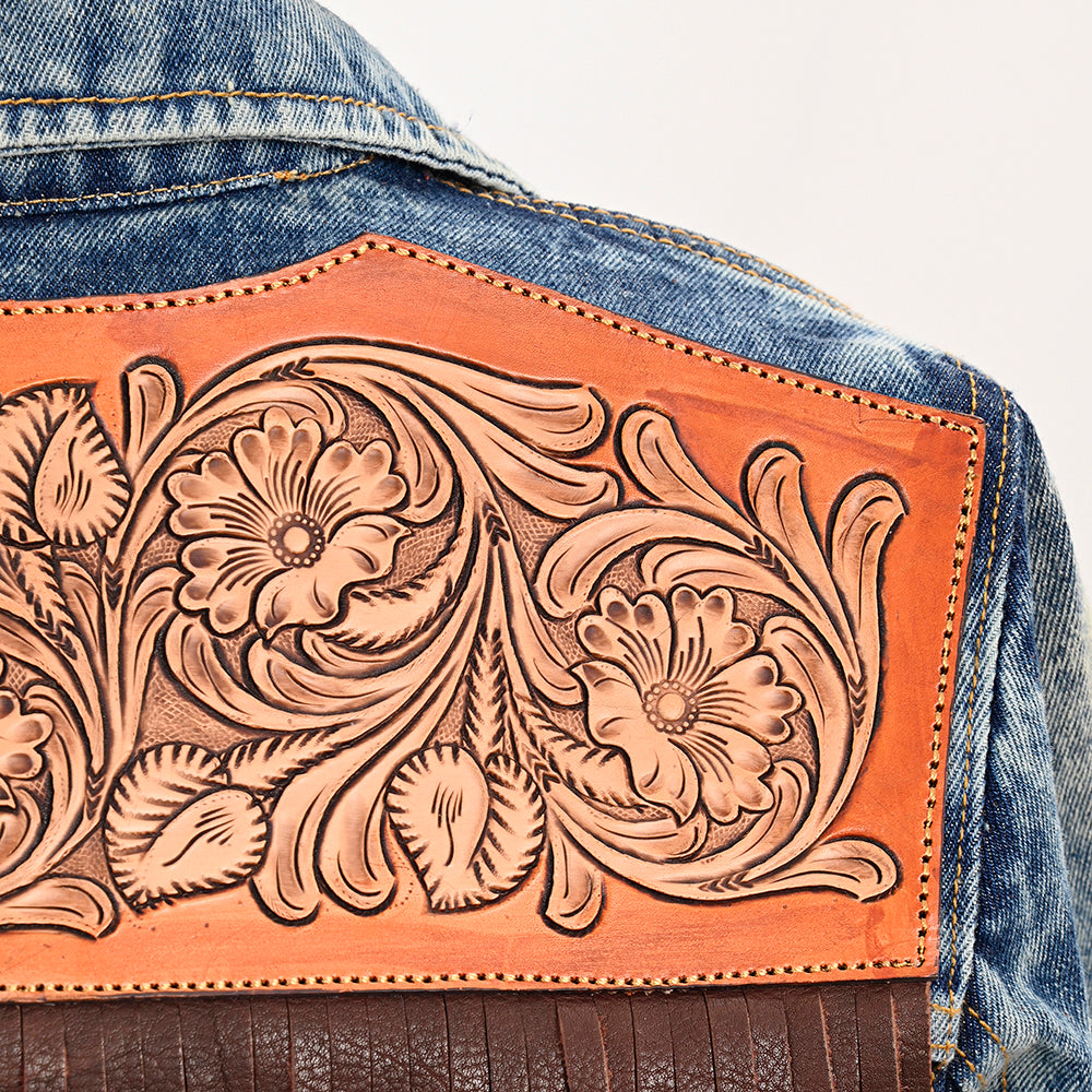 LC-ADJKT005 Vintage Wash Denim Jacket with Light Tan Tooled Leather Yoke & Fringe - Western Cowgirl Statement