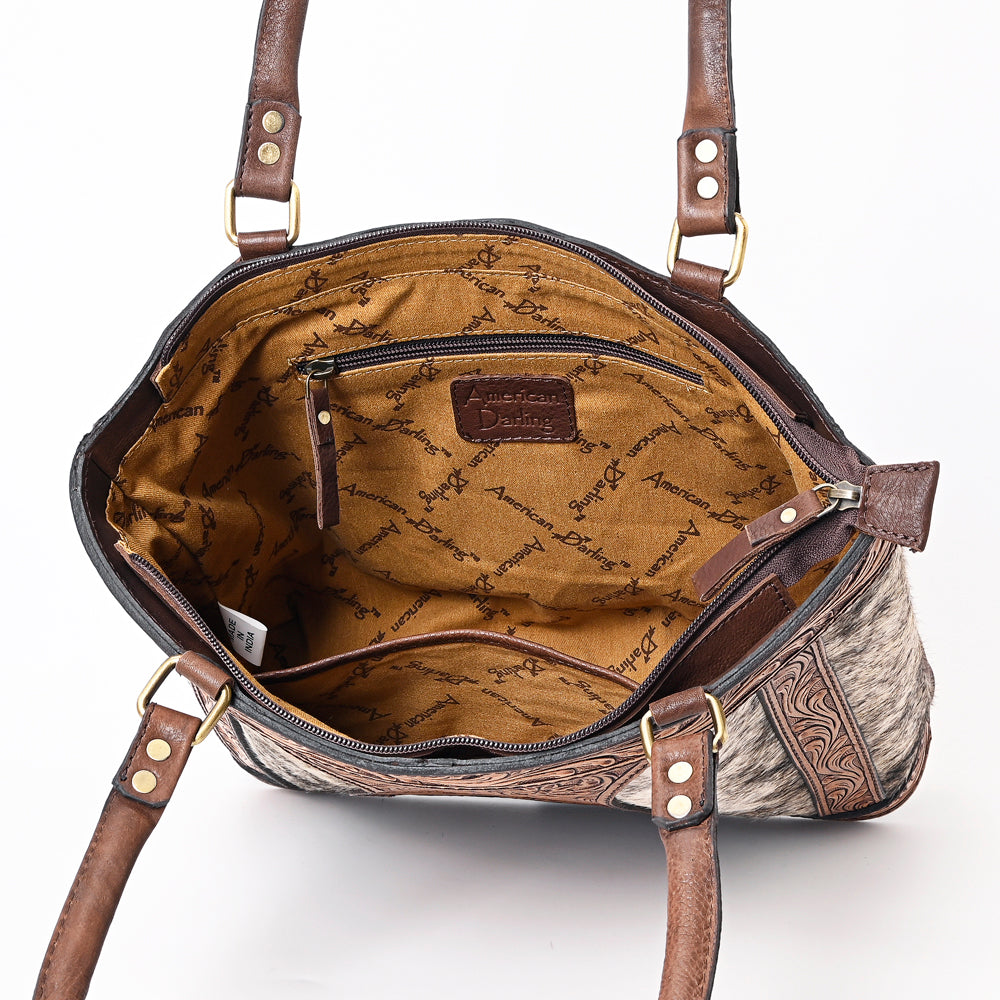 ADBGA339 Hair-On Cowhide Tote Bag with Hand-Tooled Leather Floral Accents