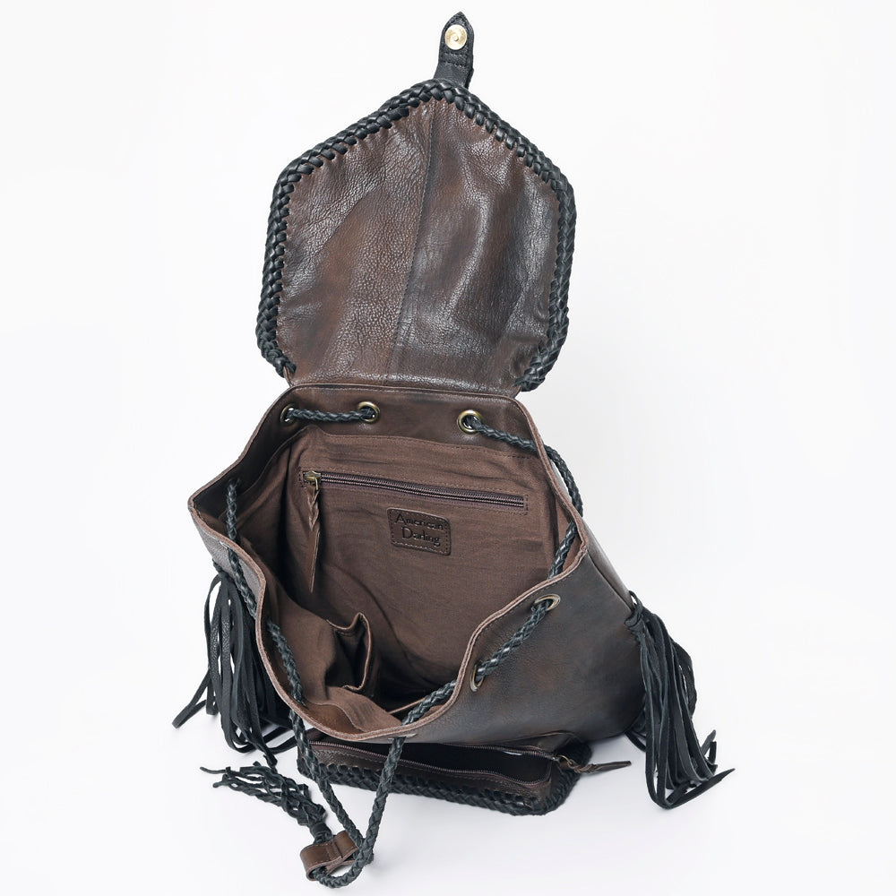 ADBGM275 Western Leather Backpack - Braided Trim, Fringe & Buckle Closure